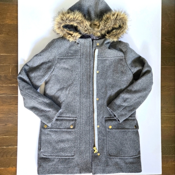 J. Crew Jackets & Blazers - J.Crew Parka Jacket Women's Gray Wool Blend Faux Fur Trim Hooded Full Zip sz 4
